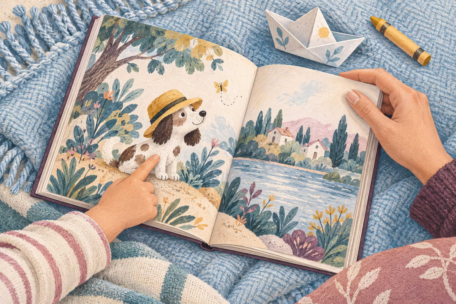 Duas mãos ilustradas compartilham um livro aberto; a menor aponta um cachorro de chapéu nas páginas.